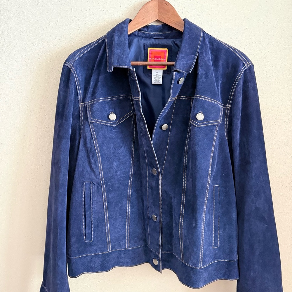 Vintage NWT Isaac Mizrahi Cobalt Blue Suede Leather Trucker Jacket XXL